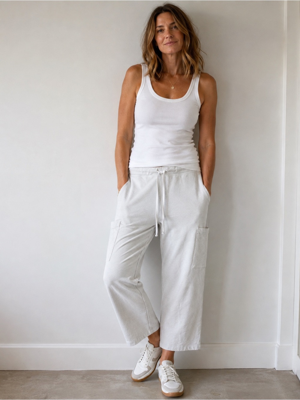 Eileen Fisher L Cotton Cargo Casual Pants Wide Leg Eco Minimalist Neutral